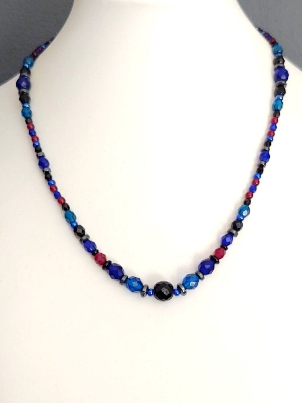 Blue, red and black glass necklace